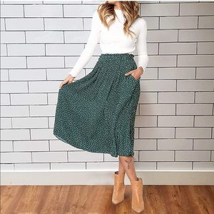 High Waist Polka Dot Pleated Midi Skirt